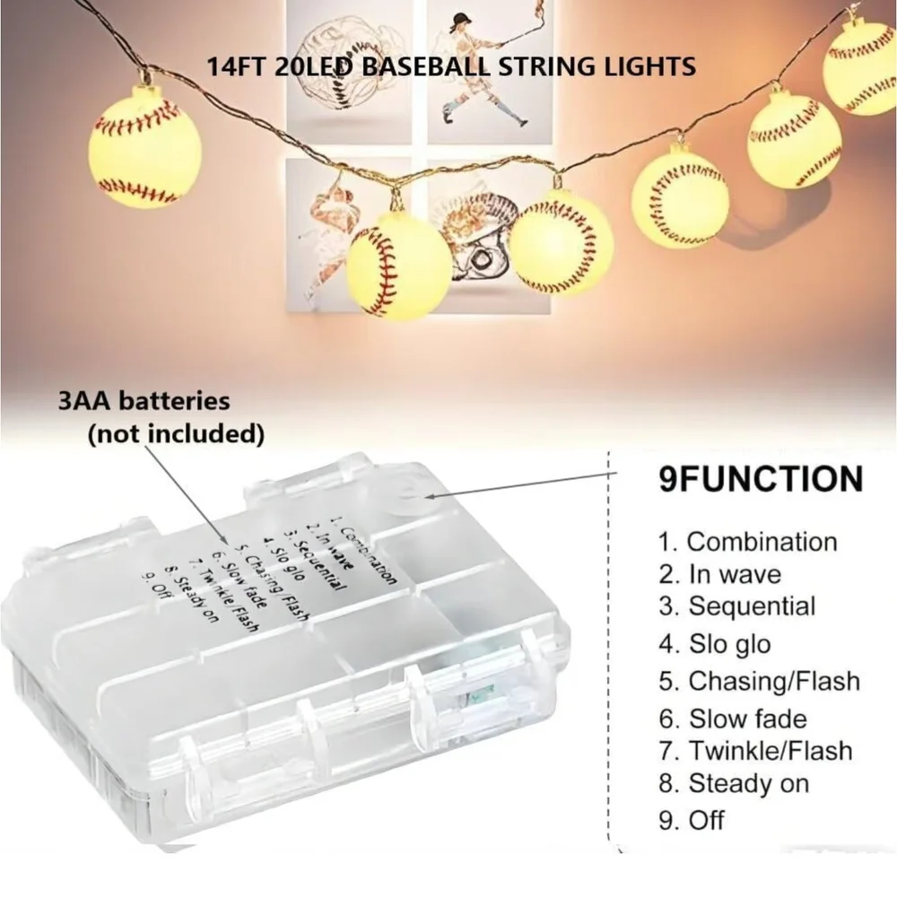 Baseball String Lights - White and Red  9 Funtions Uses 3 AA Batts Not Included - Picture 4 of 9